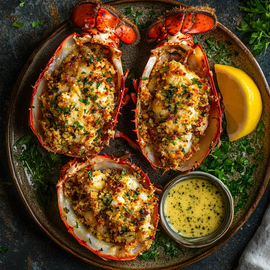 The half lobster shells, generously stuffed with a sauté of lobster meat, tarragon butter, and golden breadcrumbs, sit atop a base of fresh herbs. Beside the lobster halves are lemon wedges and a ramekin of melted tarragon butter. The lobster's natural reds contrast beautifully with the greens, yellows and browns, making the plate pop.