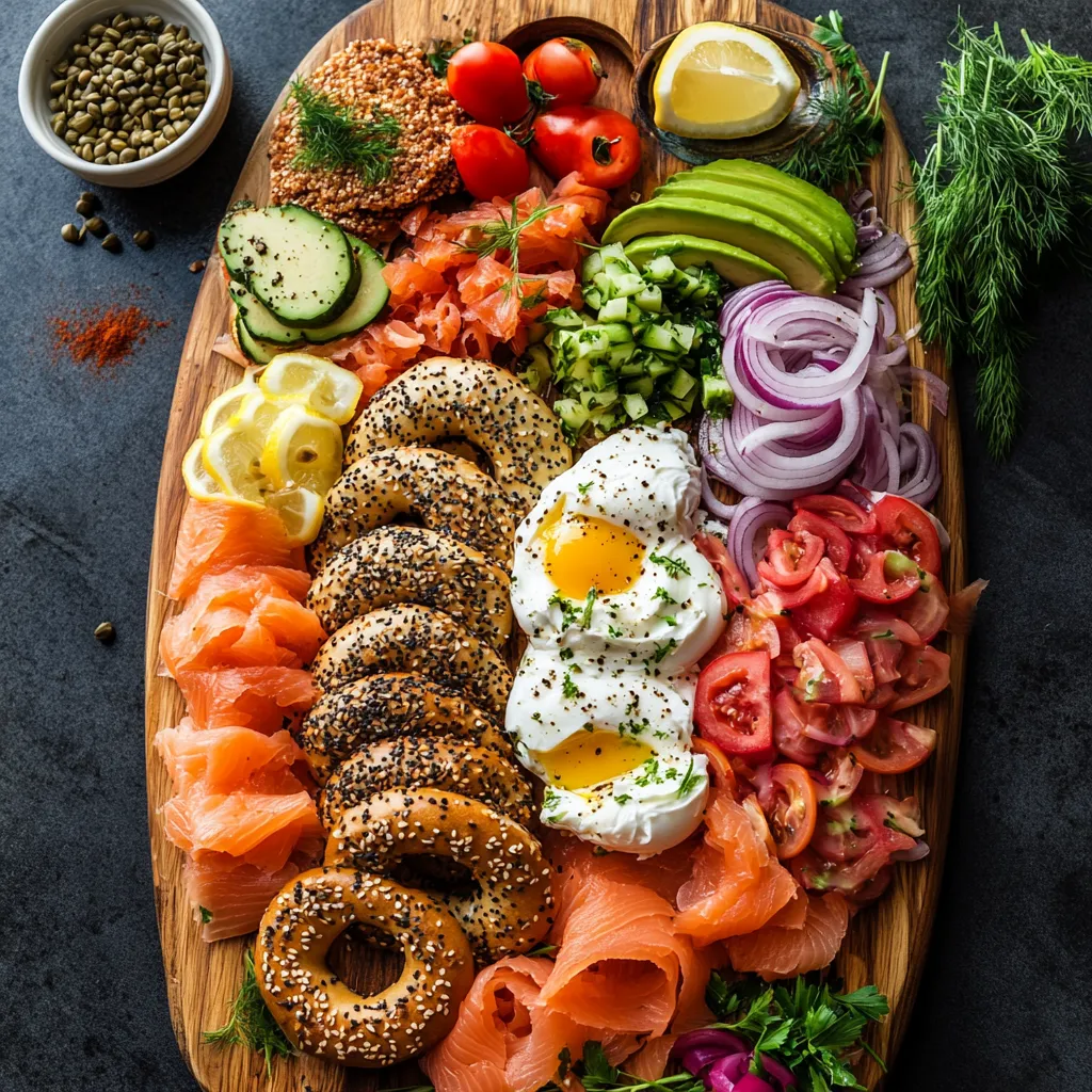 A large, oval wooden board filled with a stunning assortment of sliced multigrain and everything bagels, clusters of glossy, coral-colored smoked salmon, a creamy dollop of whipped cream cheese. Also, there are sections of crimson tomatoes, thinly sliced red onions, capers, fresh dill, lemon wedges, poached eggs with velvety yolk, and diced avocado. It's a visual feast of bright, fresh colors.