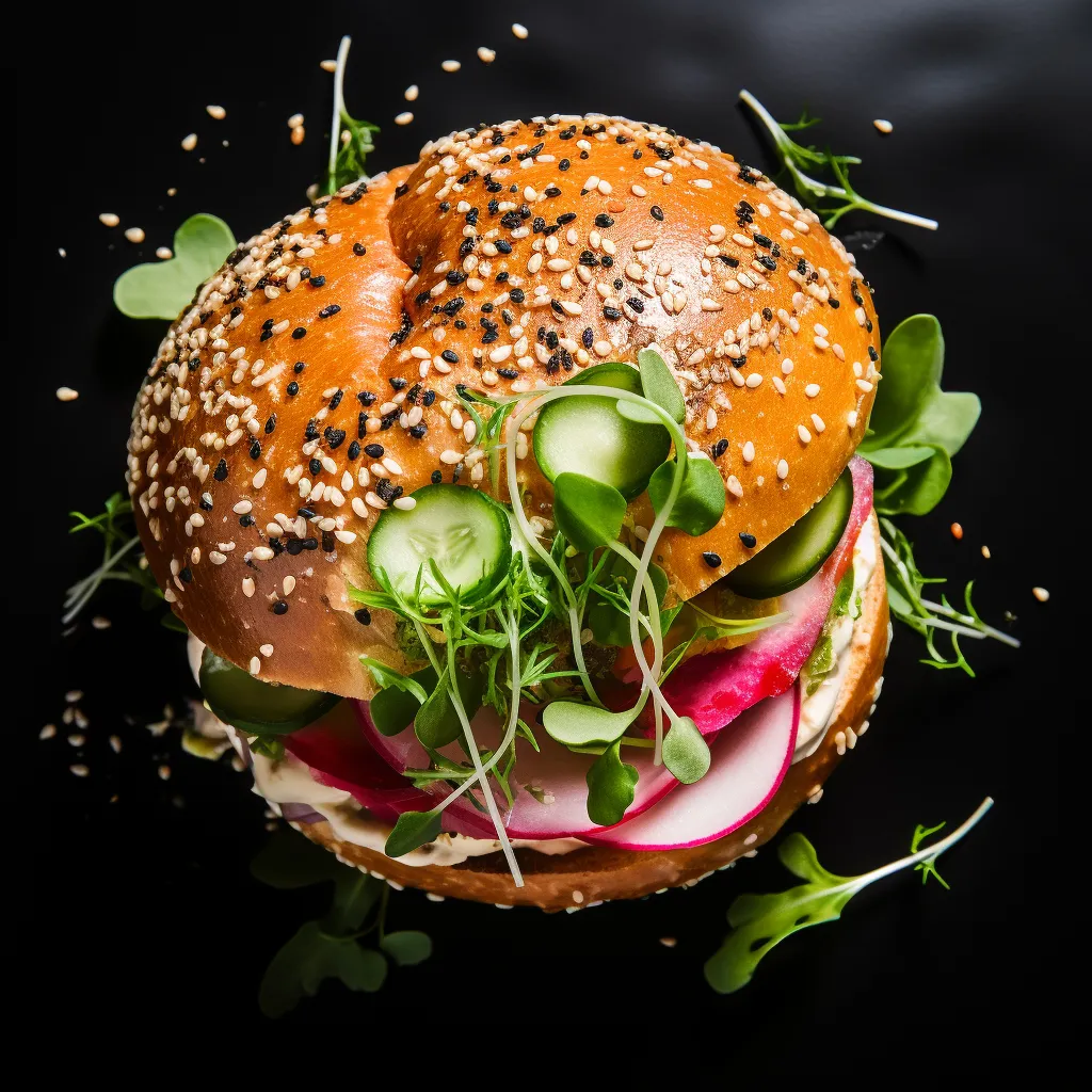 A generously stuffed sandwich in a freshly toasted bagel, sparkling with a sprinkle of gold edible glitter. Layers of visually catching smoked salmon, crisp green apple slices, red radish circles peek between a spread of dill-infused cream cheese. A side of pickles and a scattering of fresh microgreens completes the stunning ensemble.