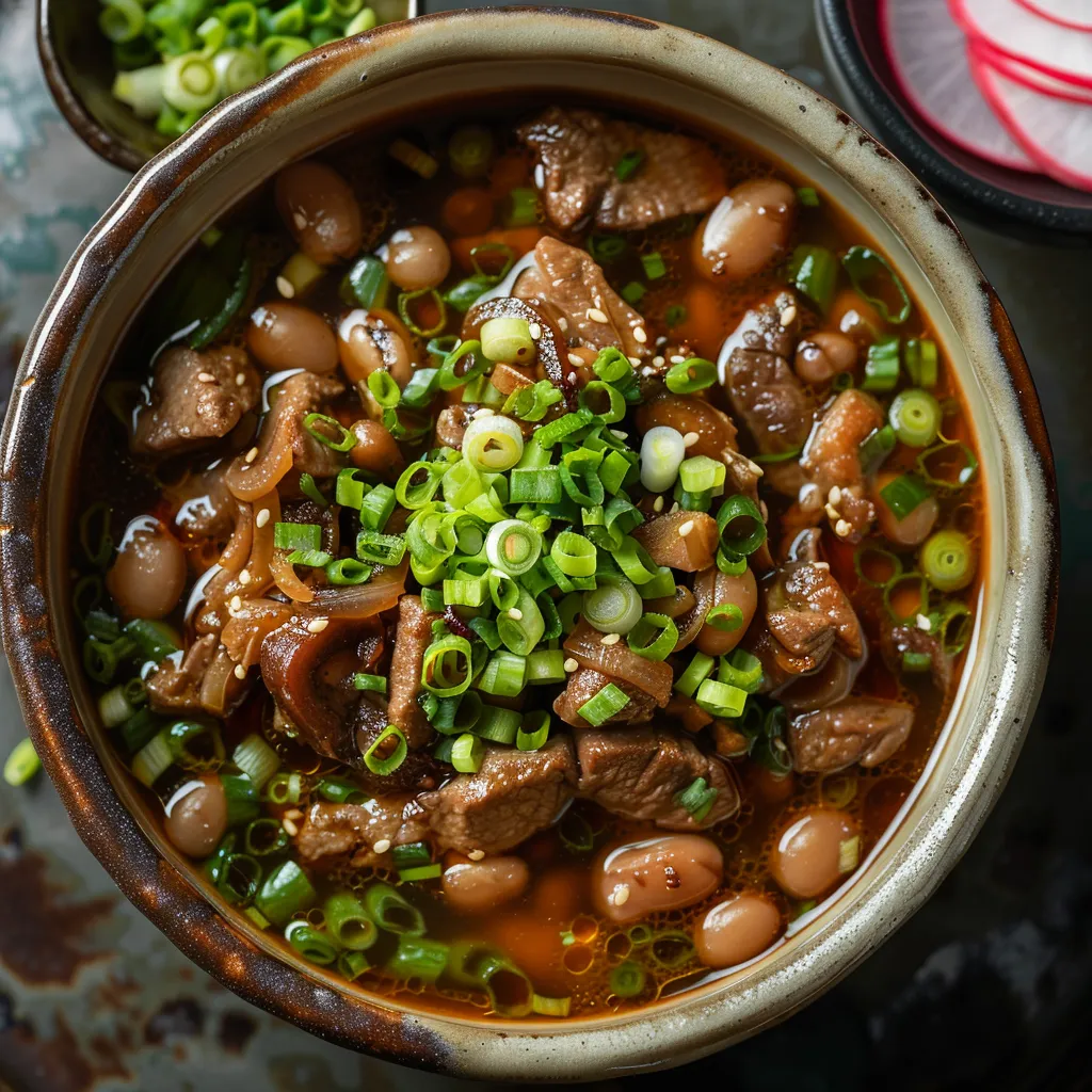 In a shallow earthenware bowl, the vibrant green Fava beans pop against the rich, glossy simmered soy-based broth. Melt-in-mouth meat and glistening Shitake mushrooms complete the earthy spectacle. Finished with a sprinkle of fresh green onions and a side of pickled radish for color contrast.