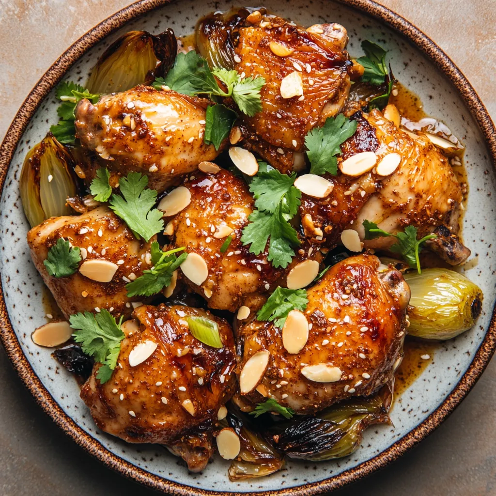 The plate is adorned with beautifully golden brown chicken thighs, nestled next to spears of deep caramel-colored endive, glistening with honeyed gloss. A sprinkling of toasted almond slivers and vibrant green cilantro sprigs crown the dish.