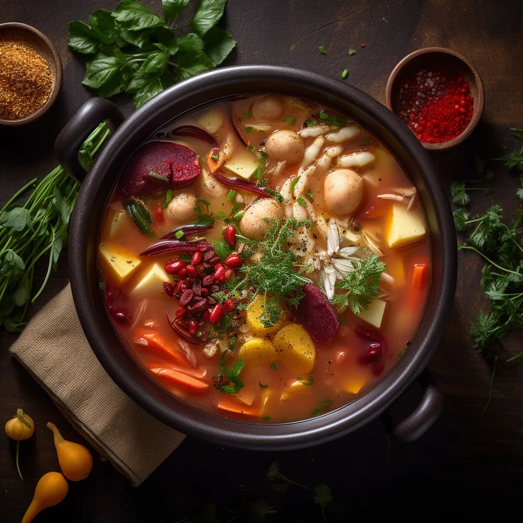 A warm bowl of soup with chunks of colorful root vegetables, grains, and beans topped with a sprinkle of fresh herbs.
