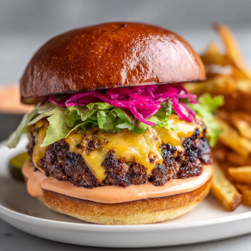 From above, a tall glossy brioche cheeseburger sits centered on a white plate, the melted cheese draping over a deeply charred patty, vivid magenta pickled onions peeking out beneath ruffled green lettuce, with a neat swipe of pink-orange burger sauce and a scatter of pickle chips and fries on the side.
