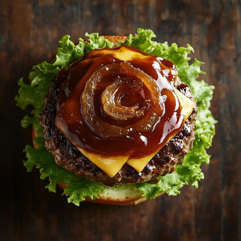 From above you see a glossy, lightly toasted brioche bun gleaming with the oozing bourbon BBQ sauce. The medium-rare, seared beef patty topped with melted aged cheddar stands in stark contrast to the crisp green lettuce. The caramelized onion adds a delicate golden crown, leaving a trail of appetizing aroma.