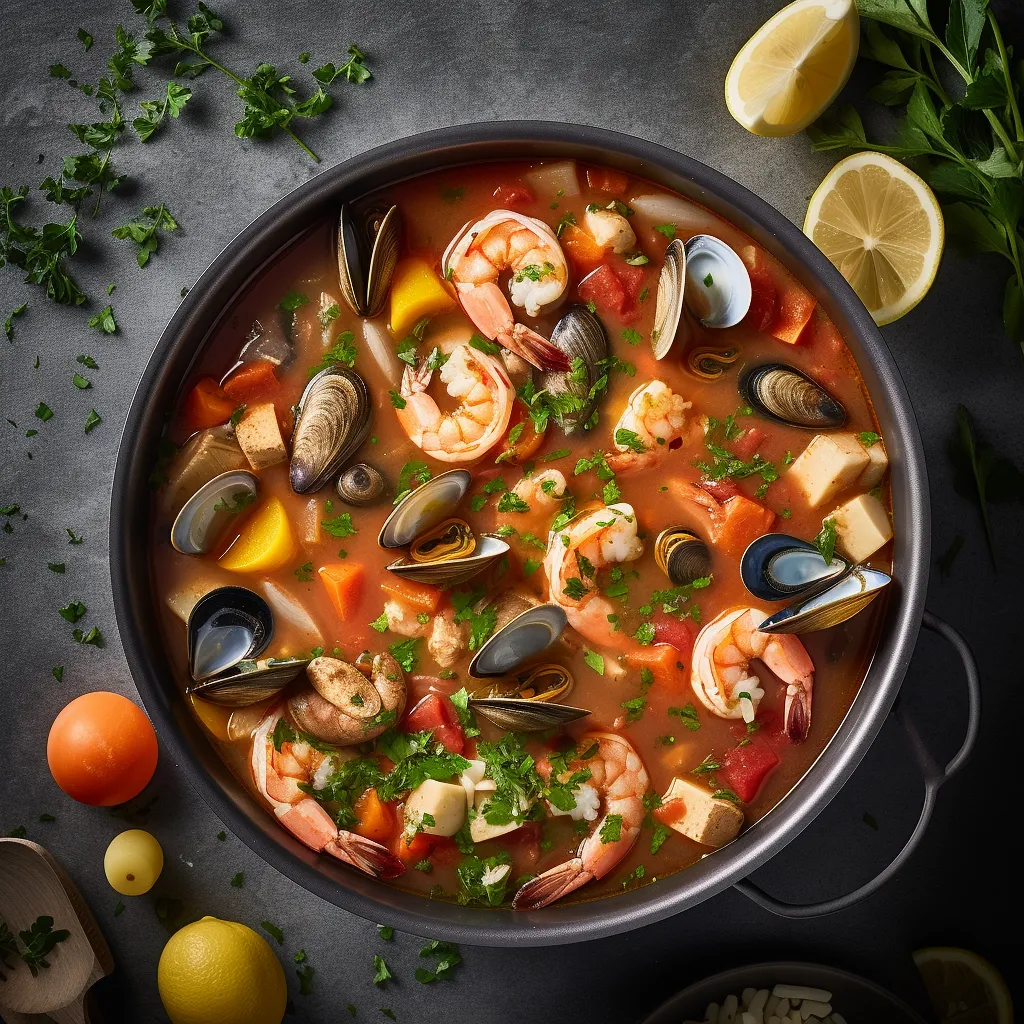 A colorful stew with fresh seafood and seasonal veggies, served in a large bowl.