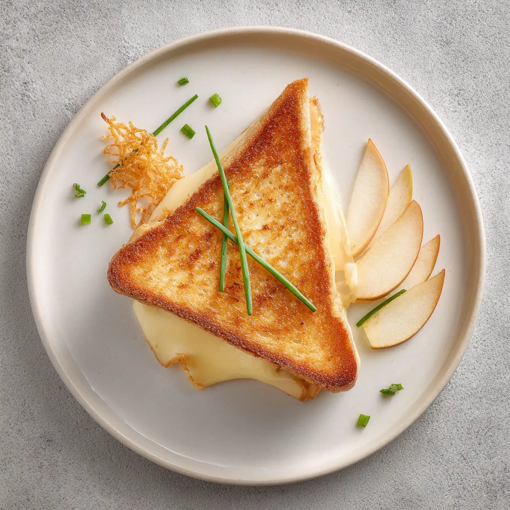 From above, the sandwich is cut diagonally and slightly overlapped on a matte white plate, revealing a glossy pull of melted cheese. The bread is deeply golden with lacy crisp edges, topped with a delicate shard of parmesan frico standing upright like a skyline. A small swoosh of onion jam, scattered chive batons, and a few thin apple fan slices make the plate look polished, modern, and celebratory.