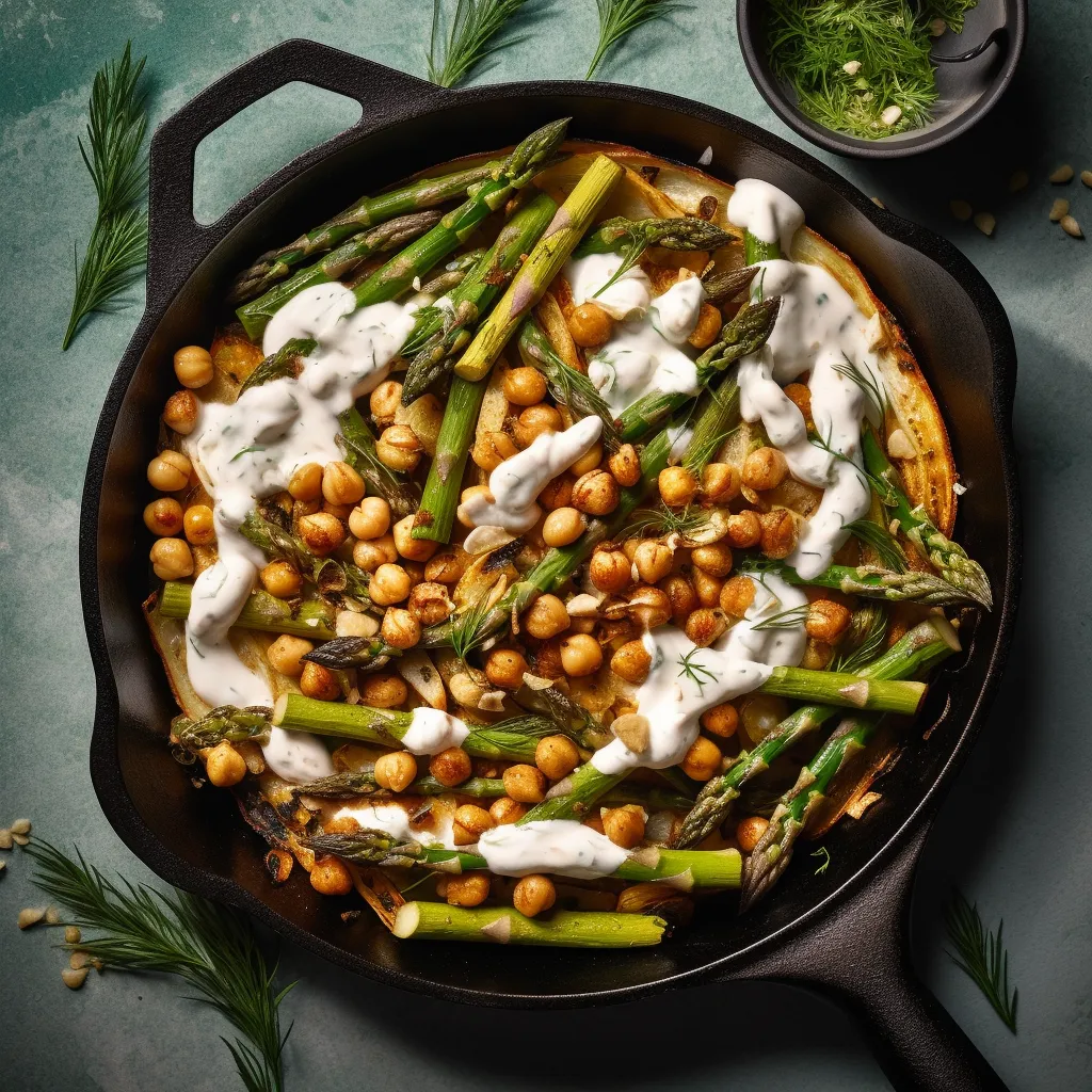 A colorful and fragrant skillet dish with pan-roasted asparagus and chickpeas with spices, served with creamy cashew tzatziki on top.