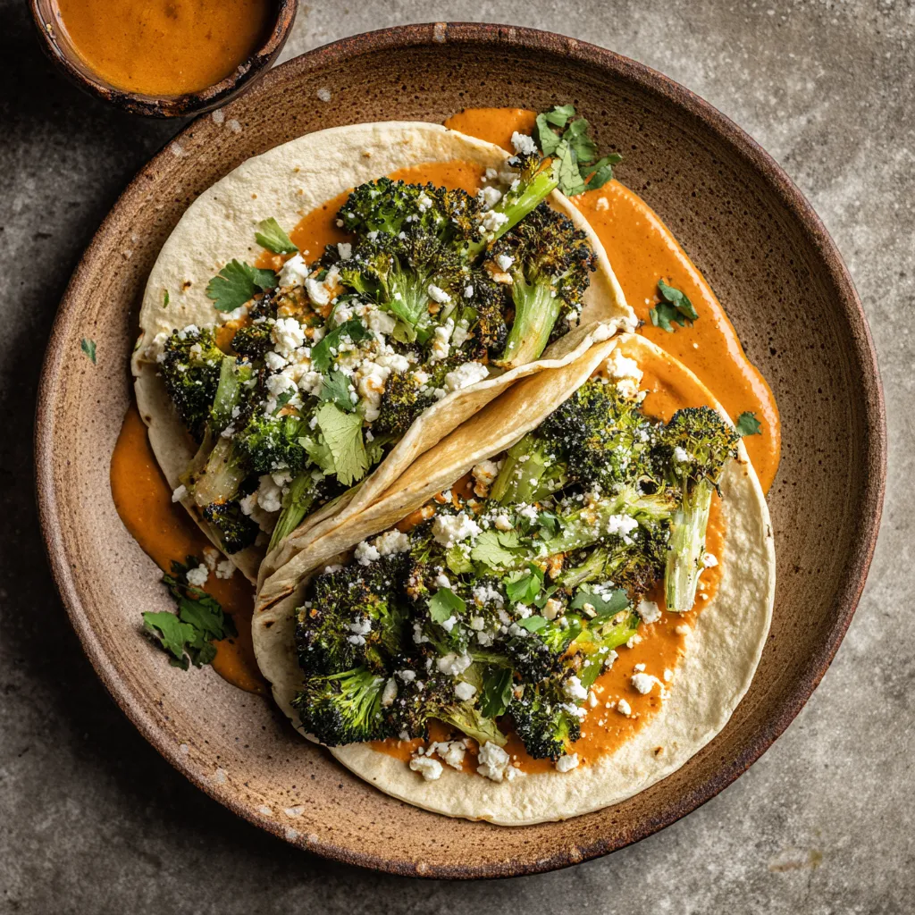 At first glance, your eye is drawn to the vibrant green of charred broccoli florets nestled in a warm, soft corn tortilla. The broccoli is contrasted by a deep-orange, smoky chipotle sauce, dotted with toasted garlic chips. Melting queso fresco adorns the top, adding a creamy white accent. All of this is scattered on a rustic, earthen-toned plate.