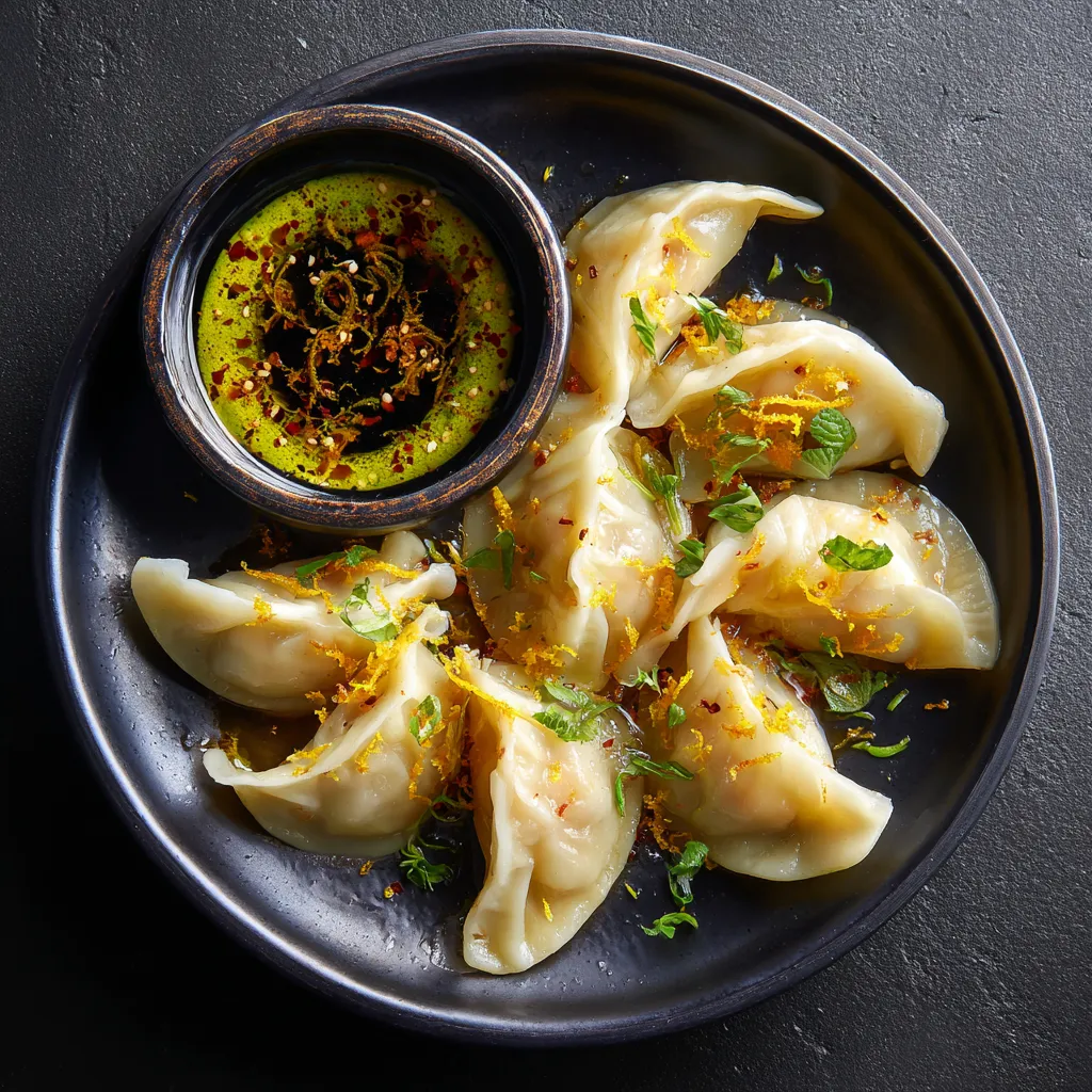 From a bird's eye view, plump half-moon dumplings arranged on a sleek black plate catch the eye with their vibrant contrast. Tiny orange zest curls speckle the translucent dough, pairing perfectly with the bright luminescent dipping sauce nestled on the side, reflecting glistening rays of daylight. Fresh herbs scattered on the plate add a touch of lush green, setting the stage for a vibrant culinary Instagram shot.