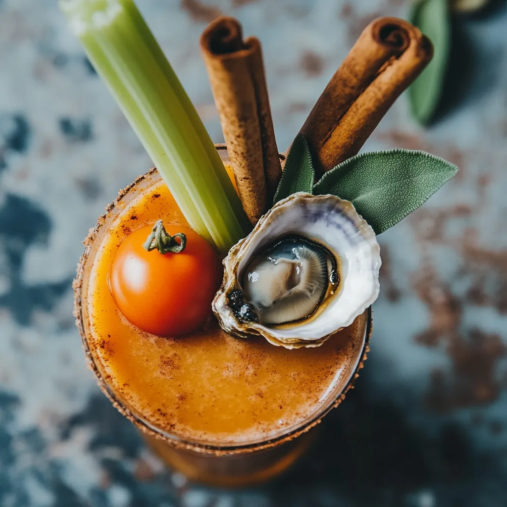 A tall, clear glass filled with an orange-tinted cocktail. A celery stalk and a skewer with a fresh oyster and cherry tomato shine against the backdrop of the vibrant cocktail. Garnished with a cinnamon stick and fresh sage leaf, providing a pop of contrast.