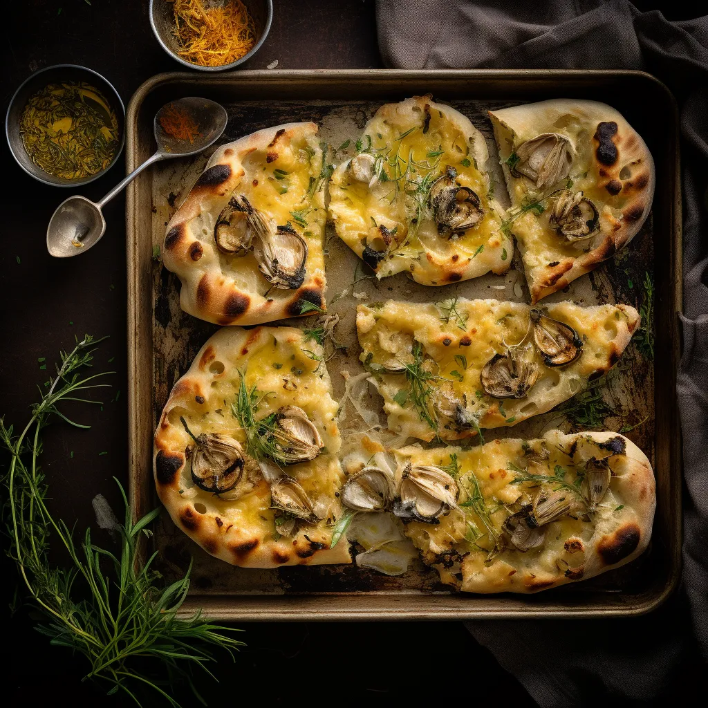 From above, you'll see a golden-brown, round crusty loaf garnished with glistening oyster halves, a splash of olive oil and bits of herbs sprinkled on top, with dark spots of baked-in oysters peeking through the bread. The edges are dusted with flour, giving the scene a rustic touch.