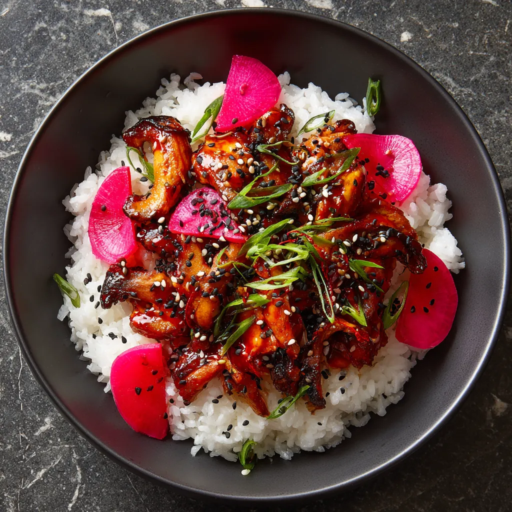 A strikingly colorful dish, between the glistening caramelized oyster mushrooms painted with shiny red-spicy gochujang glaze and the vibrant pink pickled radishes scattered around. It's all served on a warm bed of white jasmine rice draped with sprinkles of black and white sesame seeds and vibrant green scallion slits.