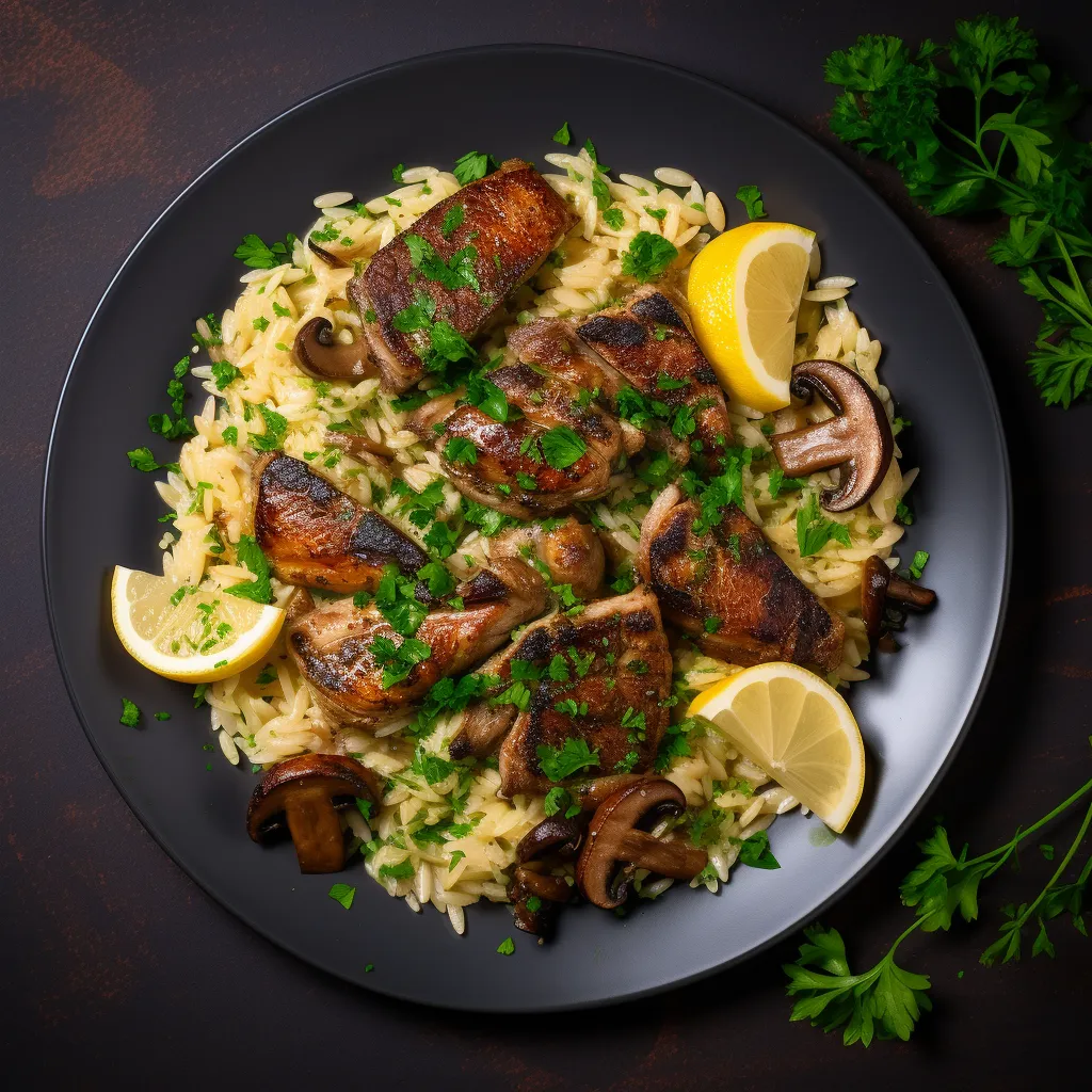 The beautiful brown hue of the sauteed Oyster mushrooms contrasts perfectly with the pastel orzo medley, and charred feta cubes, sprinkled with vibrant green parsley and lemon zest on a beautifully textured natural ceramic dish. The appealing arrangement instantly tempts one to dive in.