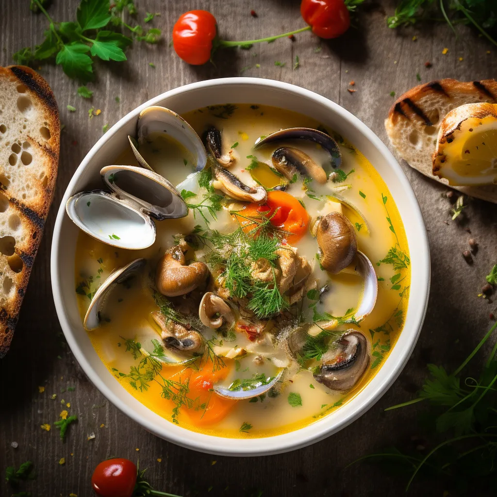 Rich, golden soup generously speckled with glistening oysters and colorful vegetables. Fresh herbs and toasted baguette on the rim of the bowl add contrast and warmth; a sprinkle of saffron threads provides the final gourmet touch.