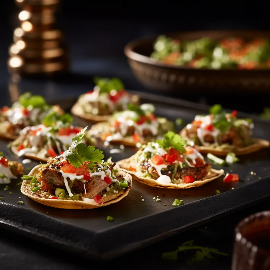 Sunset golden mini tostadas serving as floating islands on a dark slate. Each is crowned with a glistening, plump oyster, luxuriously draped in tangy green salsa. Flecks of spicy red chili and cool, green cilantro leaves speckle each oyster, alongside a generous sprinkle of crumbled white cheese capturing the twinkle in your Instagram photos.