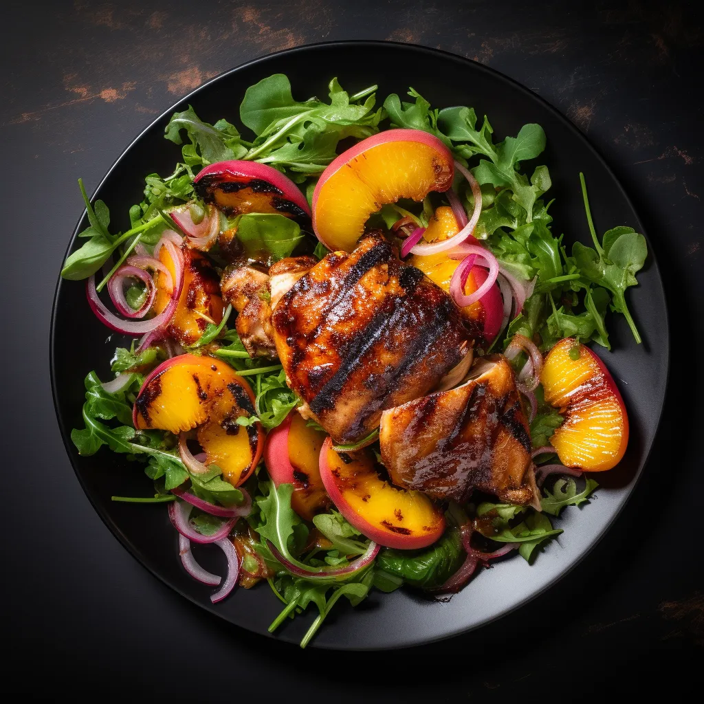 The finished plated dish showcases juicy BBQ chicken thighs with a caramelized glaze, accompanied by a vibrant salad of grilled peaches, mixed greens, and a light vinaigrette.
