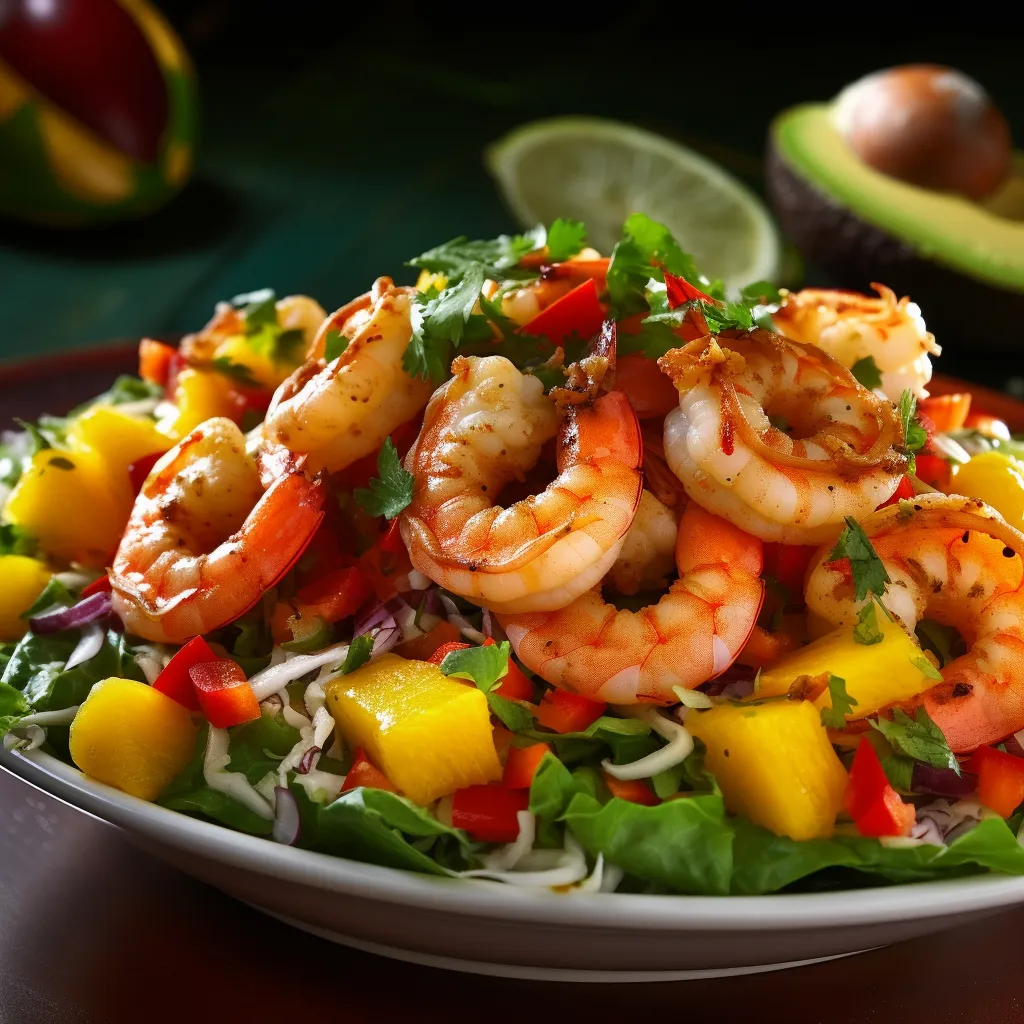 A colorful display of orange-hued shrimp, diced ripe mangoes, and creamy avocado pieces are sat atop a bed of fresh romaine lettuce. It's sprinkled with shredded coconut, finely chopped herbs, and accented with thin, red pepper strips. The shrimp and salad gleam with a slight sheen of the tangy dressing.