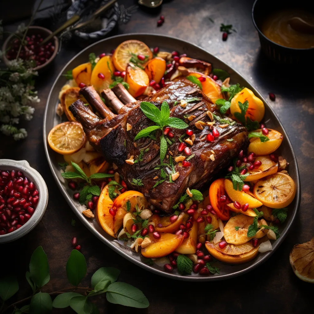 The roasted lamb glistens under the zesty apricot glaze, displaying a lovely contrast with the vibrant assortment of cooked mixed vegetables. The dish is decorated with fresh mint leaves and pomegranate seeds for a pop of color, sprinkled over the lamb and around the dish.