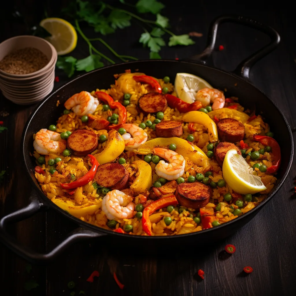 A grand kaleidoscope of colors in a shallow pan — golden chunks of chorizo, speckles of green peas, rosy shrimp, and fire-roasted red peppers nestled in the bright yellow 'rice' of cauliflower. Beautifully charred lemon wedges rest at the edges ready to be squeezed over the paella, releasing their vibrant juice.