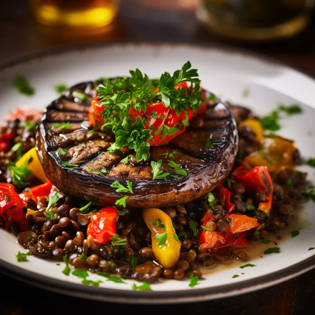 Large, caramelized Portobello caps take center stage of the ivory plate, contrasted by an understudy of vibrant, green lentils laced with colorful bursts of diced red bell pepper and finely chopped parsley. A golden lemon wedge, ready to squeeze, offers a pop of color in the upper corner.
