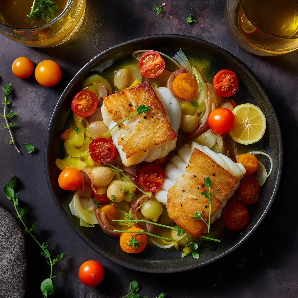 Two perfectly cooked pieces of cod sit atop a bed of soft leeks, all garnished with fresh tarragon leaves. Vibrant cherry tomatoes tossed with lemon juice and zest add a pop of color next to the fish.