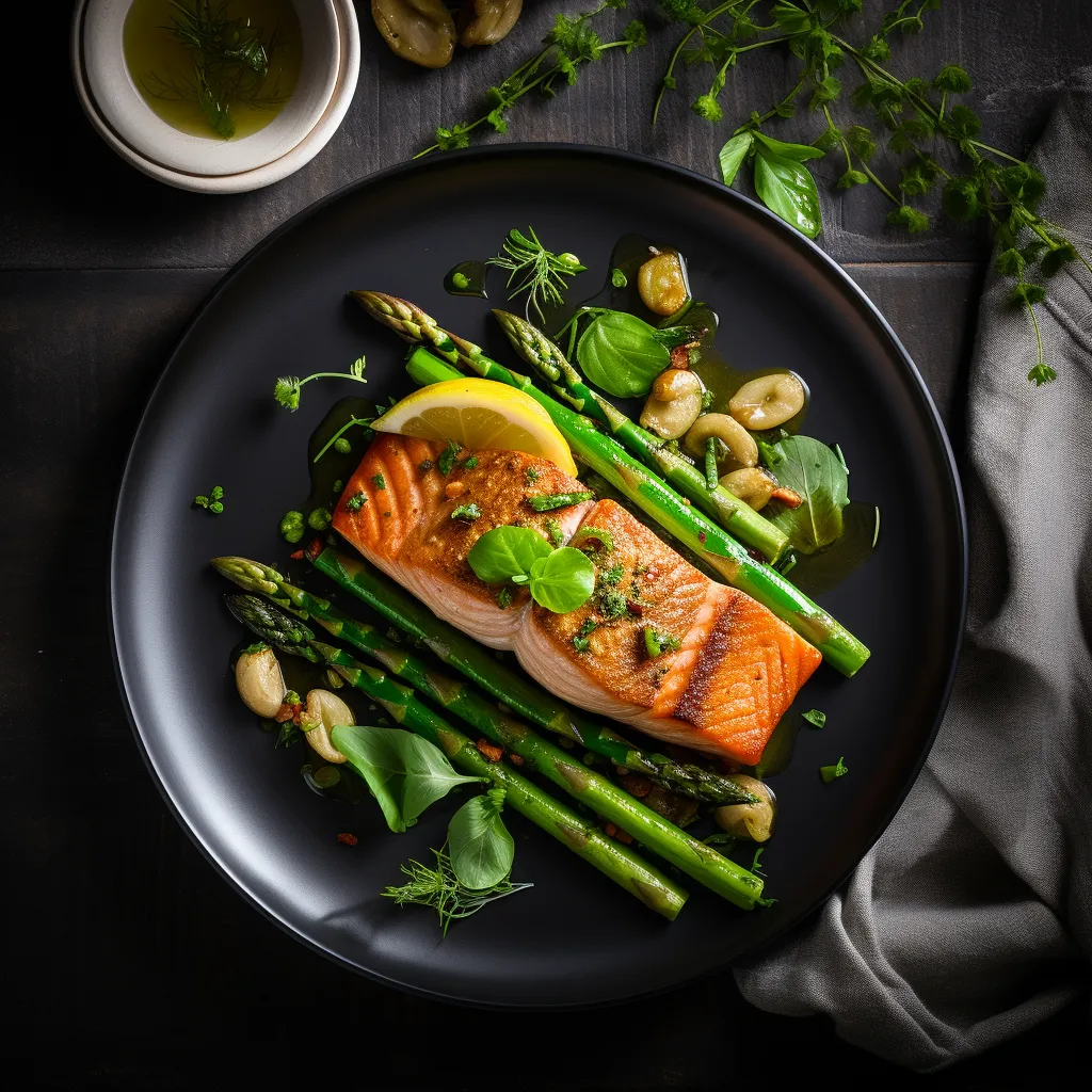 Pan-seared salmon on top of a bed of fava bean and asparagus salad, drizzled with a lemon vinaigrette.