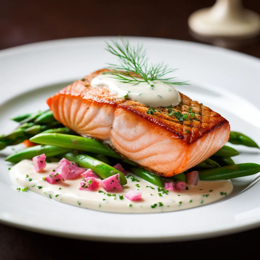 A bright pink, pan-seared salmon fillet sits at the center of the white plate, topped with a dollop of creamy, pale green caper-dill crème fraîche. Surrounding the fillet is a vibrant circle of green haricots verts, speckled with finely diced red tomatoes. A sprig of fresh dill rests on top as an elegant garnish.