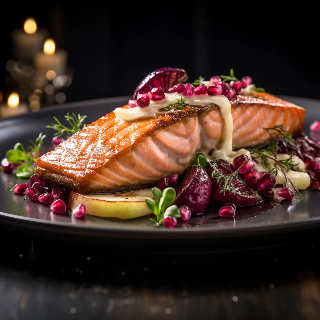A large fillet of salmon with a picturesque sear lies atop a bed of vibrant radicchio, speckled with glistening pomegranates and cubes of pear. The deep purple of the radicchio and ruby-red pomegranates contrast dramatically against the cream pears and goat cheese, making the dish pop on a white plate.