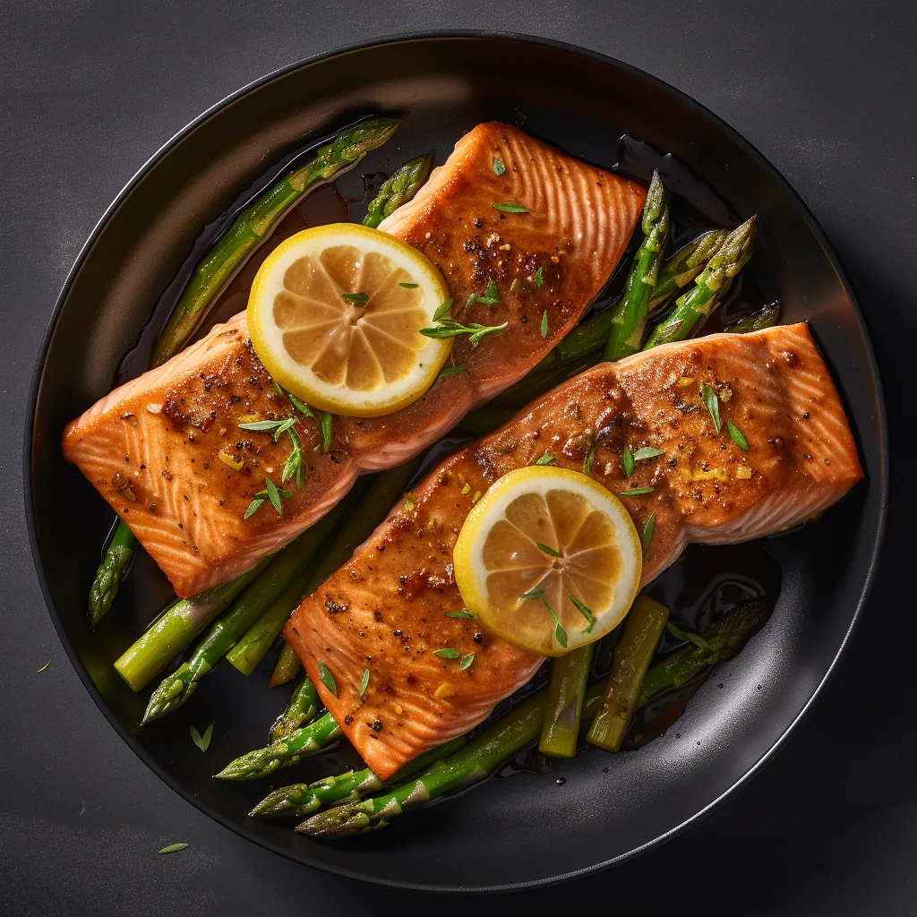 Two pan-seared salmon fillets with blistered asparagus on the side, drizzled with vibrant lemon herb oil.