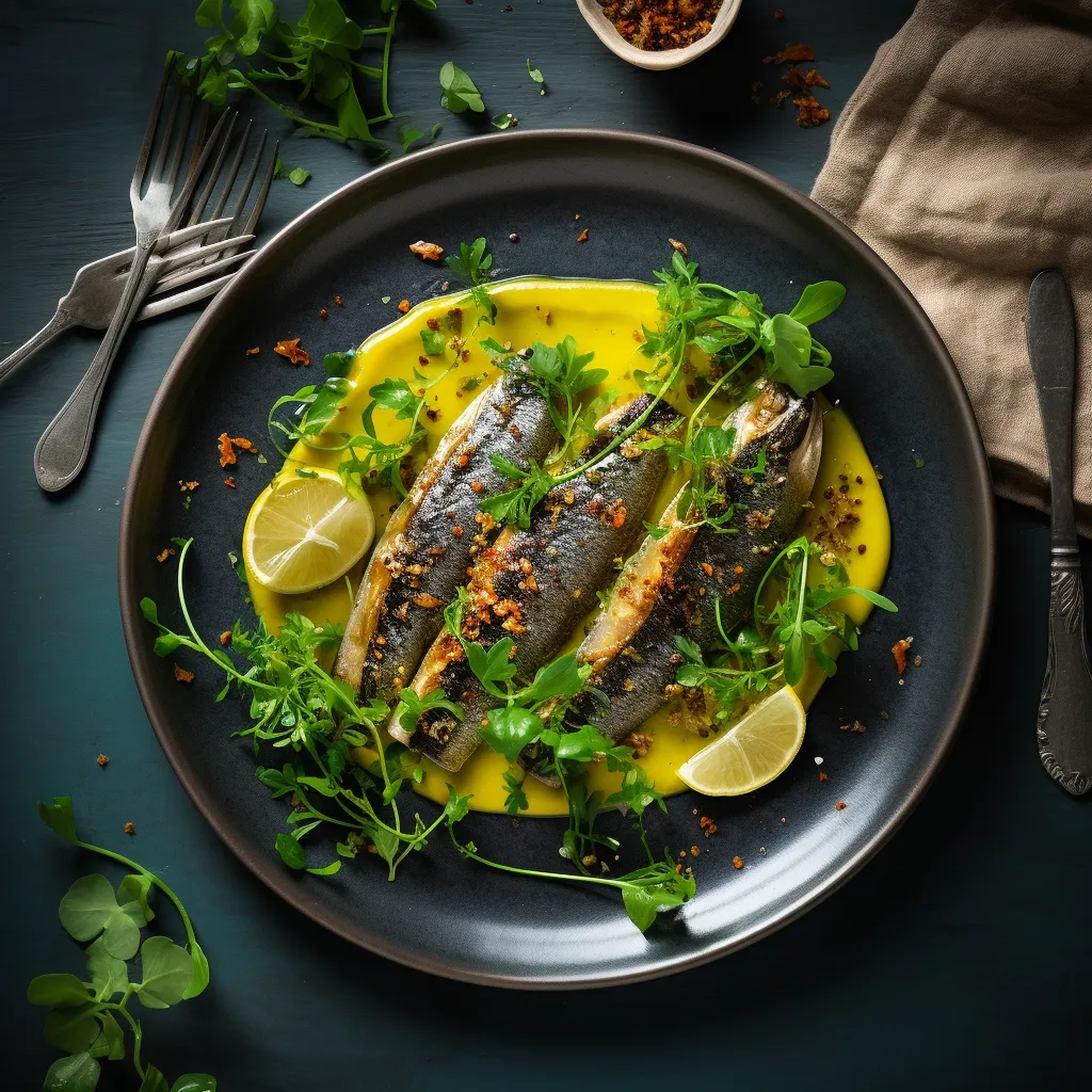 A beautifully plated dish, displaying golden, crispy sardines resting atop a bed of velvety citrus-infused leek puree, garnished with vibrant red chilies and microgreens. The play of colors makes it perfect for an Instagram shot!