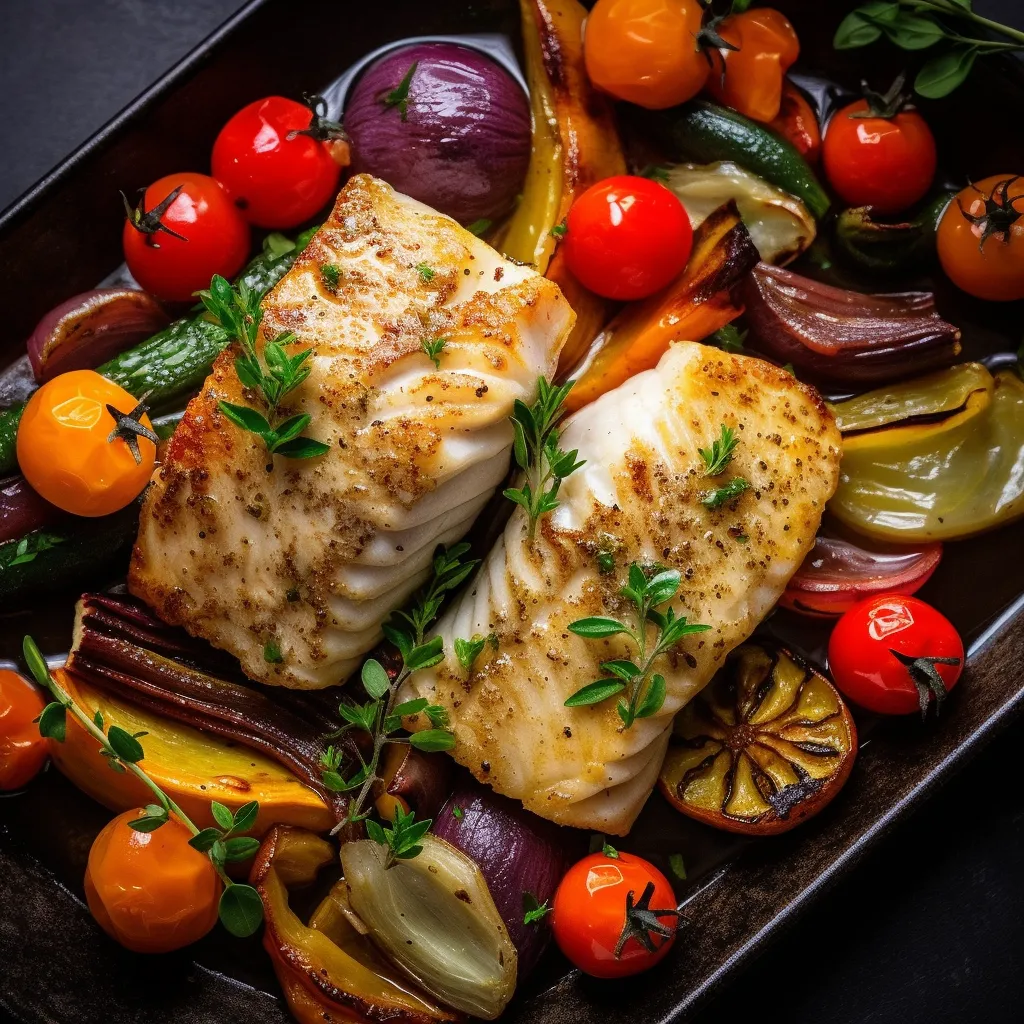 Pan-seared sea bass filets on a bed of roasted vegetables, drizzled with lemon juice and olive oil.