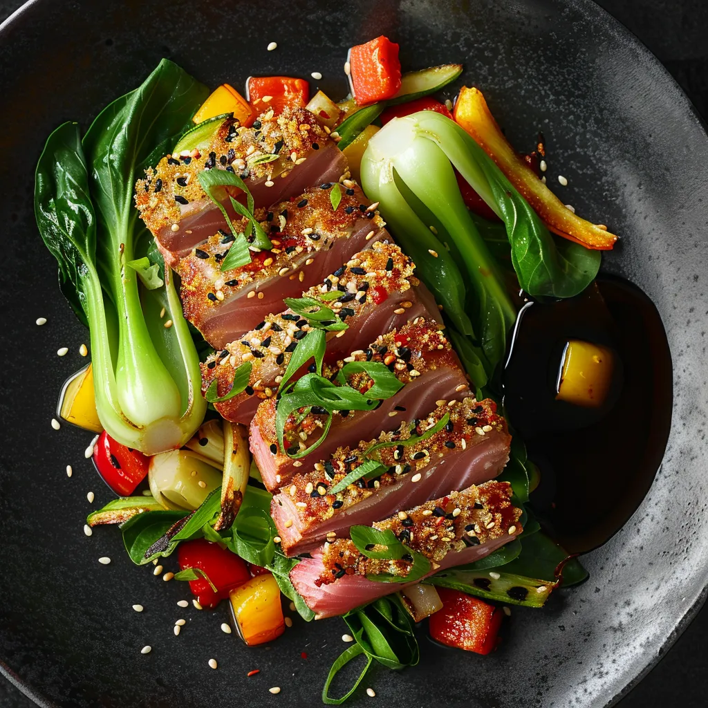 A symphony of bold colors, with opalescent pink center of the sesame-crusted tuna steak taking the stage, framed by an abstract art of vibrant veggies - vivid green baby bok choys, sunny yellow bell peppers, and cherry-red sweet peppers. Flecks of black and white sesame seeds sprinkle the scene, invoking a gentle snowfall. At the edge of the plate, a deep, lively, ginger-lemon dressing awaits to zest things up.