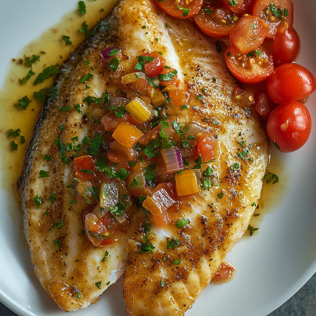 A generously portioned tilapia fillet occupies the center of the plate, seared to a golden-brown perfection. The fish glisten with juiciness, flaky and tender. Nestled on one side is the luscious onion relish, its caramel hues echoing the golden fillet, with vibrant cherry tomato halves dotting the scene. A sprinkling of chopped fresh herbs over everything adds a fresh pop of green.