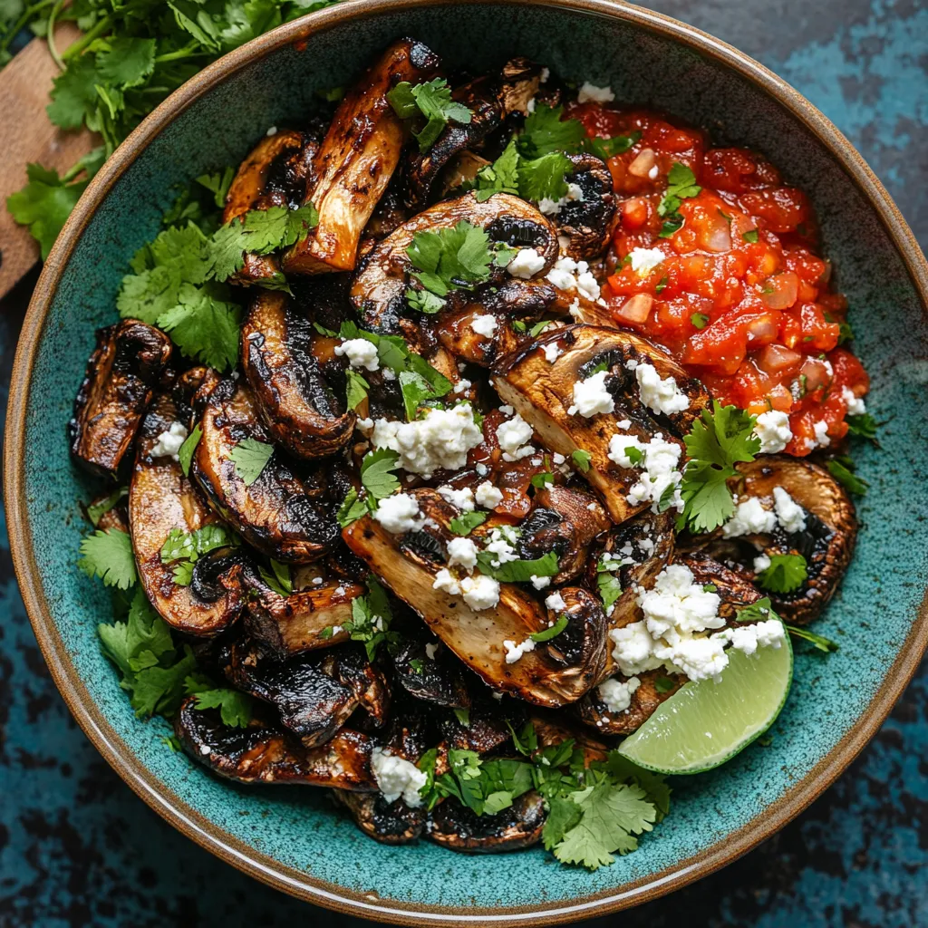 From above, it's a festive riot of colors - earthy brown oyster mushrooms charred to perfection, popping on a turquoise ceramic plate. Splotches of vibrant red salsa, white crumbled queso, and green cilantro leaves add fresh, contrasting bursts of color.