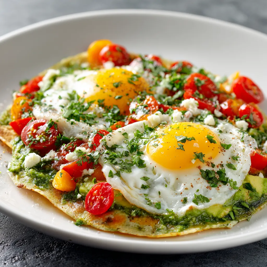 A vibrant dish of red, green, yellow and white elements. Two sunny-side-up eggs rest on a bed of salsa-verde infused tortillas, with elements of creamy avocado and red cherry tomatoes scattered around. An abundant garnish of fresh chopped parsley it's sprinkled on top.