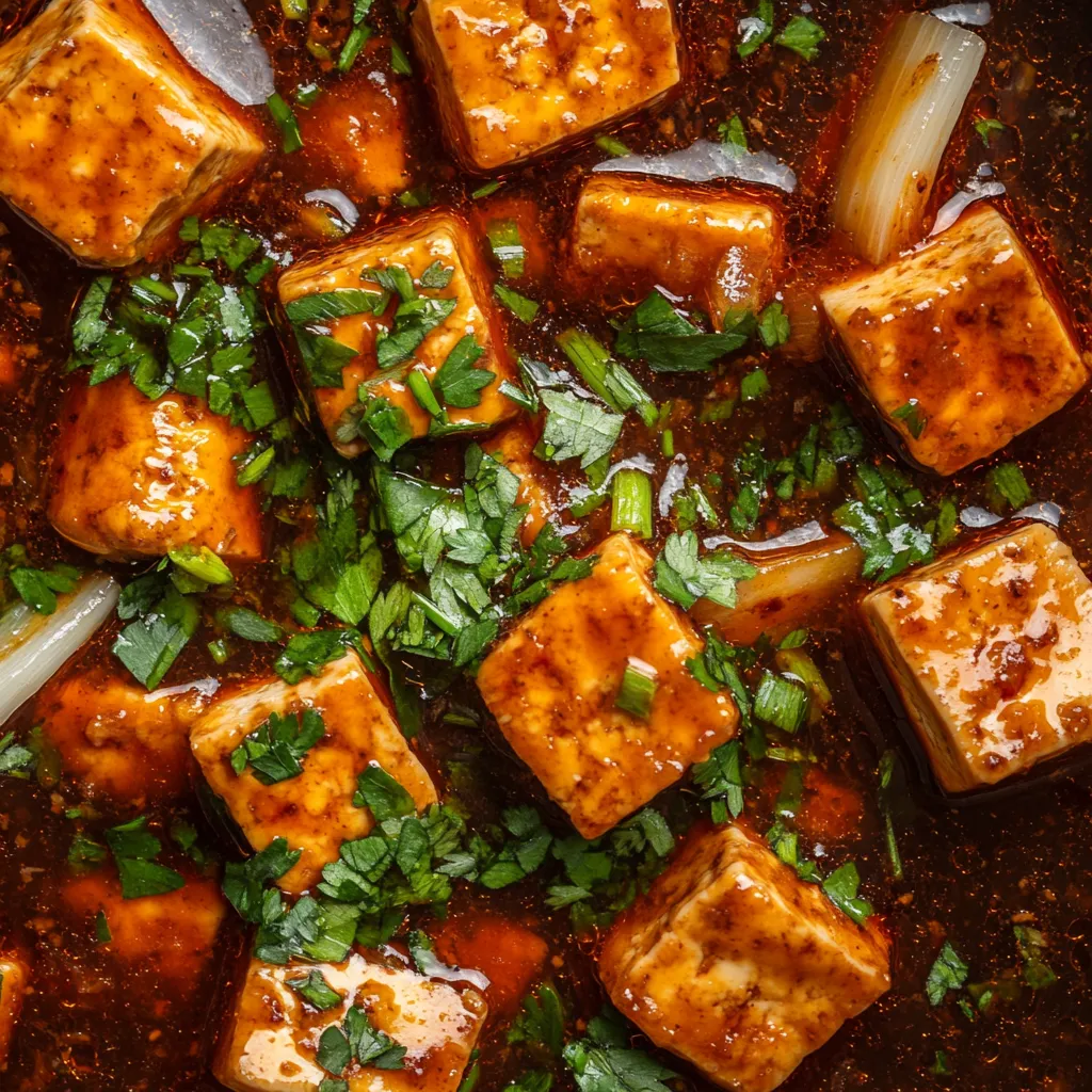 Fiery red tofu cubes sitting amidst a shimmering sauce is observed from above. Specks of green onions and parsley are scattered. Strips of white, tender parsley roots lay tastefully around the edge. The dish is a tasteful riot of color and texture.