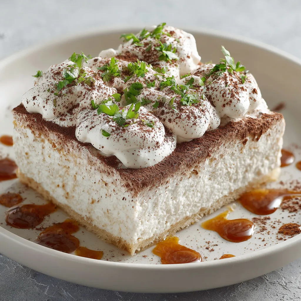 A luxurious square slice of cake on a pristine white plate, soaked in three kinds of milk but with a visible fluffiness. The rich, creamy cake is generously topped with dollops of cinnamon whipped cream, dusted with cocoa powder, and garnished with fresh chopped parsley root. The plate is decorated with drizzled dulce de leche, adding to the mouthwatering aesthetic.