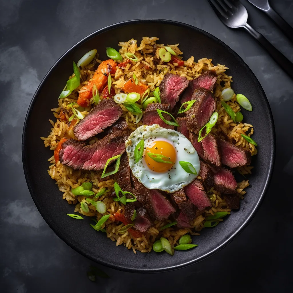 A golden-hued fried rice with browned pastrami slices, egg, julienne scallions, and ginger kimchi.