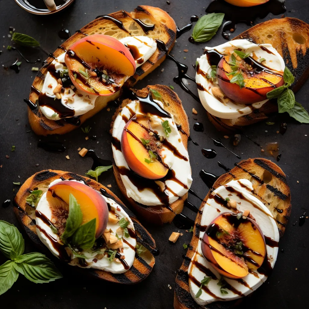 Crispy crostini topped with creamy burrata, sliced peaches, and drizzled with balsamic glaze.