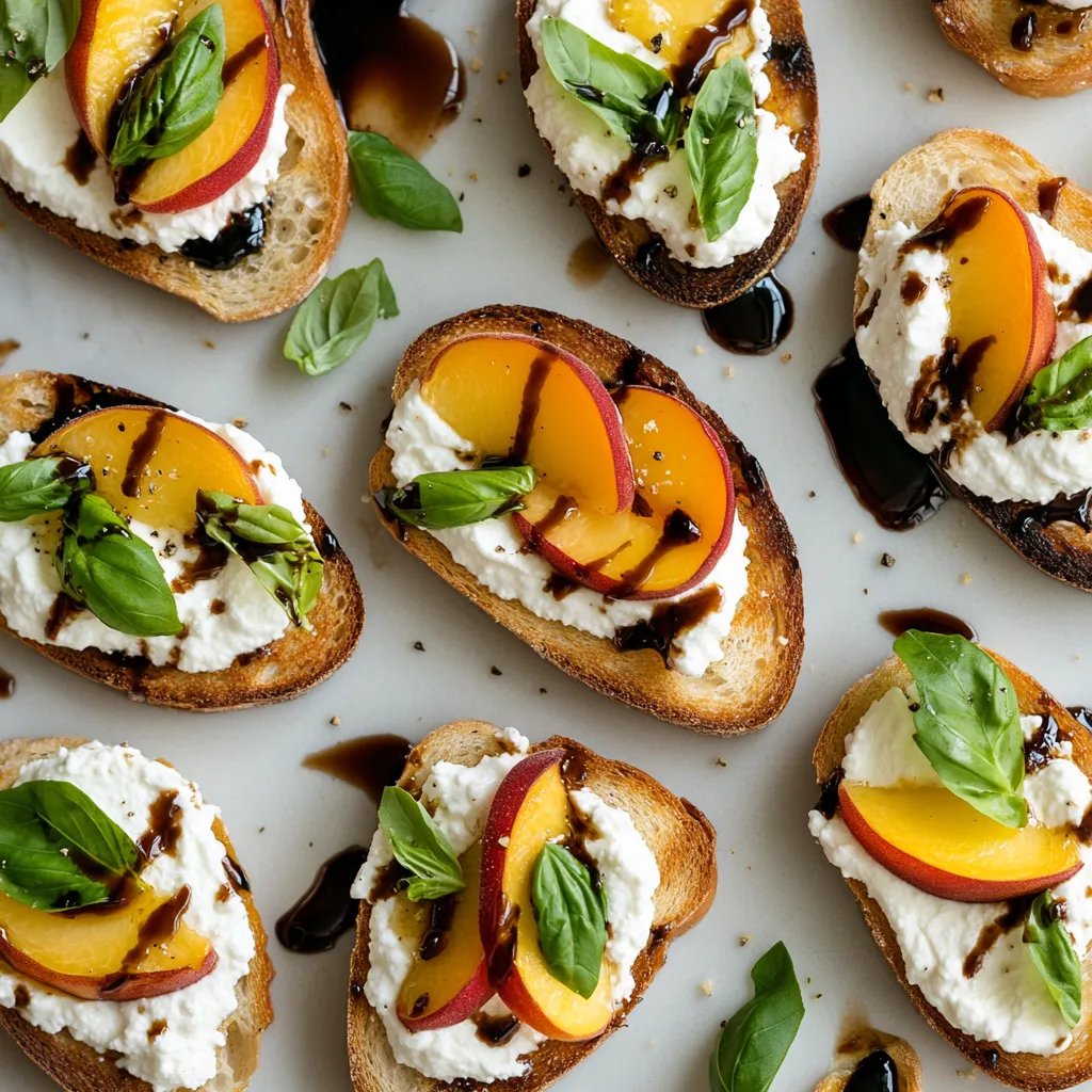 Smooth mounds of whipped ricotta top the crisp Crostini rounds, with juicy, sliced peaches delicately layered on. Ribbon-like sprinkles of fresh, green basil are scattered on top alongside a glinting drizzle of balsamic reduction, making the dish visually stunning.