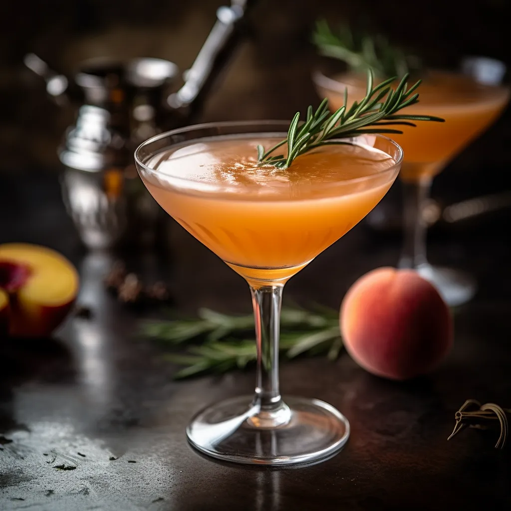 A classic martini glass filled with a peach-colored liquid, garnished with a slice of fresh peach and a sprig of thyme on the rim of the glass.