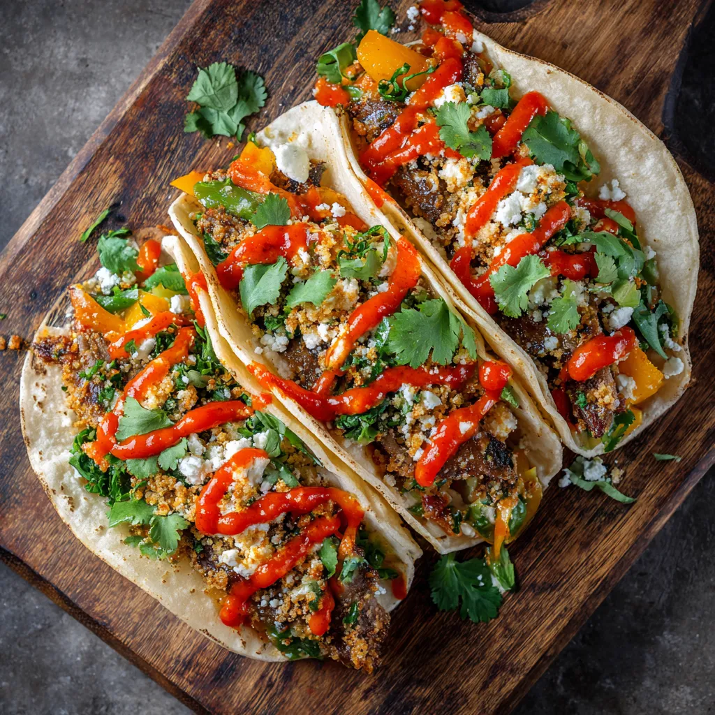From above, see 3 partially overlapping soft tortillas filled with grilled, colorful peanut-crusted cotija cheese steak strips. Each taco is garnished with bright, fresh cilantro and drizzled with a vibrant red chili sauce. Altogether, it forms a visually impactful triangular arrangement on a rustic wooden platter.