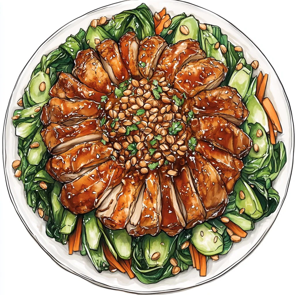 A sketch of deep golden crispy chicken slices, generously glazed with a rich, glossy chestnut-colored peanut sauce. The chicken is artistically arranged in a circle on a large white platter, encasing a mound of vibrant green baby bok choy sauteed with streaks of bright-orange julienne carrots. The plate is adorned with a generous sprinkle of chopped roasted peanuts and fresh coriander, contributing to the glorious contrast of colors.