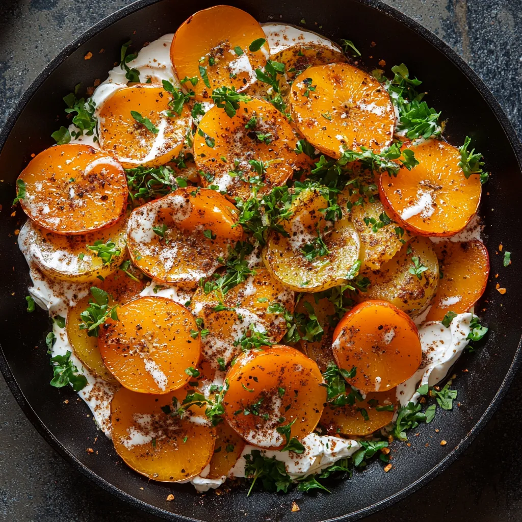 Glinting orange-red rosettes of thin persimmon slices sitting atop a luxurious mix of cream cheese and arugula. They are nestled on crispy golden-brown skillet potatoes, sprinkled with bits of parsley and delicate specks of cinnamon.