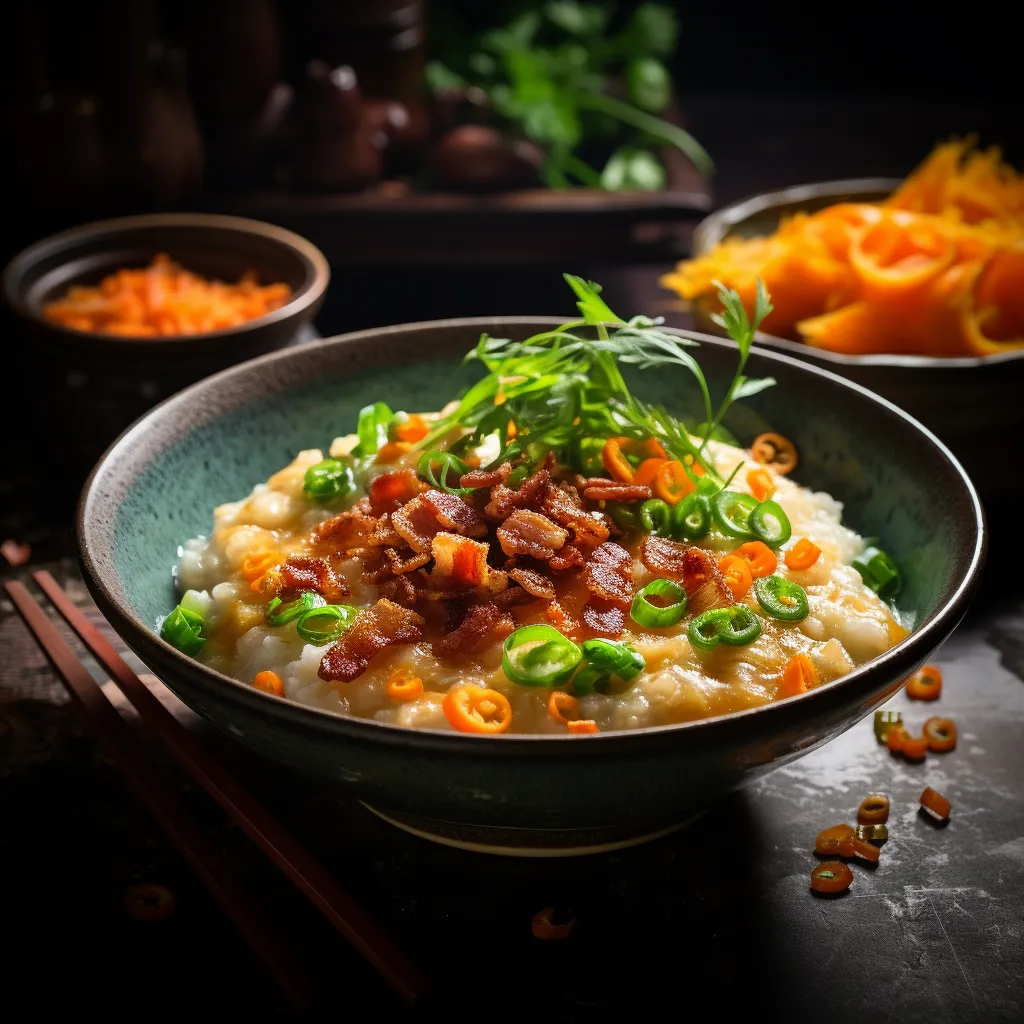 A bowl of creamy white congee with a warm golden hue from the diced persimmons which float like jewels in the porridge. The crispy, caramel-brown bacon strips lay across the top, garnished with a vibrant sprinkle of chopped green scallions. The dish radiates warm and cozy autumn vibes.
