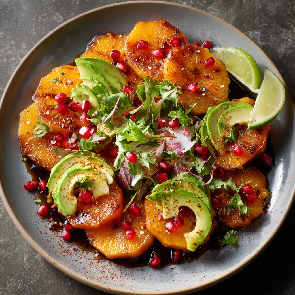 The plate is a carnival of colors: the golden hues of rum-soaked persimmon contrast exquisitely with the vibrant green avocado and crimson pomegranate seeds. Finished with a dusting of spice and a drizzle of zesty lime dressing, it looks like an edible sunset.
