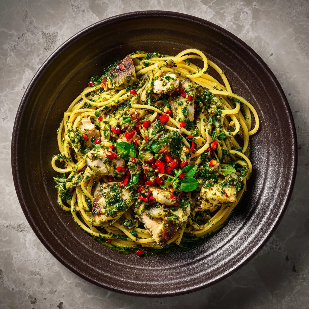 A warm plate of rich golden linguine flecked with vibrant green pesto, topped by plump, grilled mackerel chunks. The dish brims with fresh herbs, like basil and parsley, and is specked with red chili flakes for a touch of color.