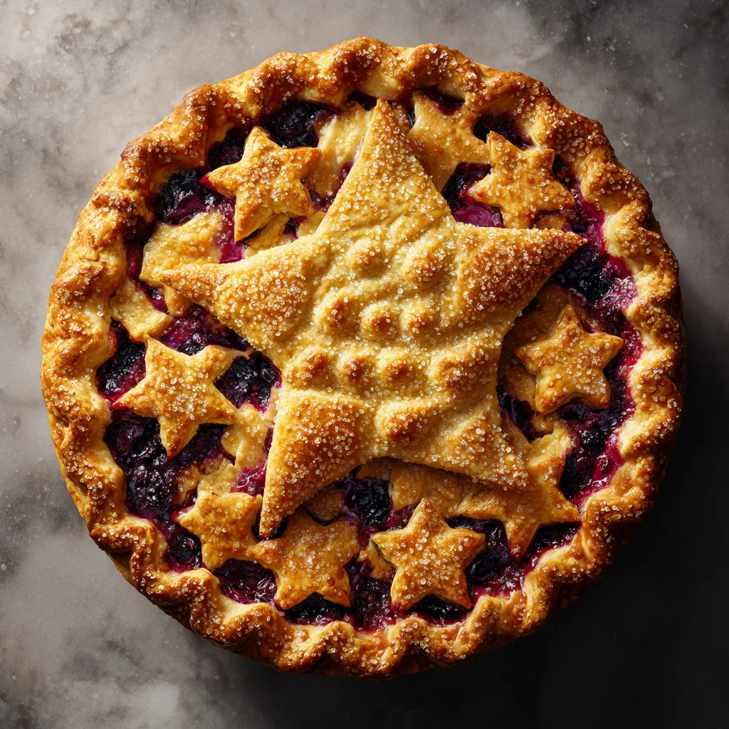 From above, the pie has a deeply golden lattice-style top redesigned into a large elegant π symbol at the center, surrounded by a glossy ring of star-cut vents. The crimped crust is bronzed and sparkling with coarse sugar, while hints of vivid blackberry-blueberry filling peek through for a dramatic cosmic purple-and-gold contrast.