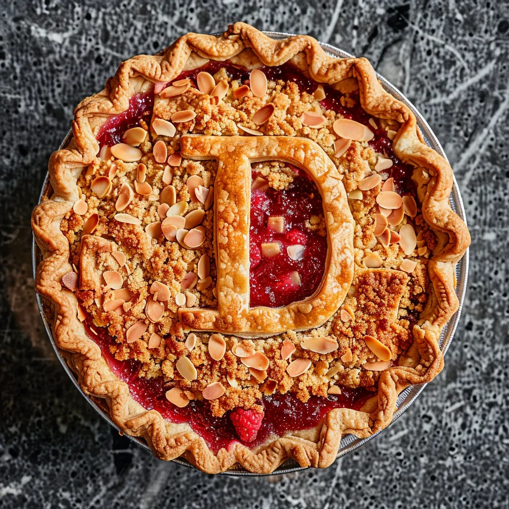 From above, you see a circular pie with a golden-brown crust. A large 'pi' symbol cut out of the same crust sits in the center, revealing the vibrant scarlet of raspberry filling underneath. The surrounding area is speckled with crunchy almond crumble.