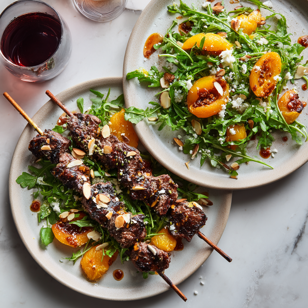 Pimentón Lamb Skewers with Blistered Apricots & Arugula